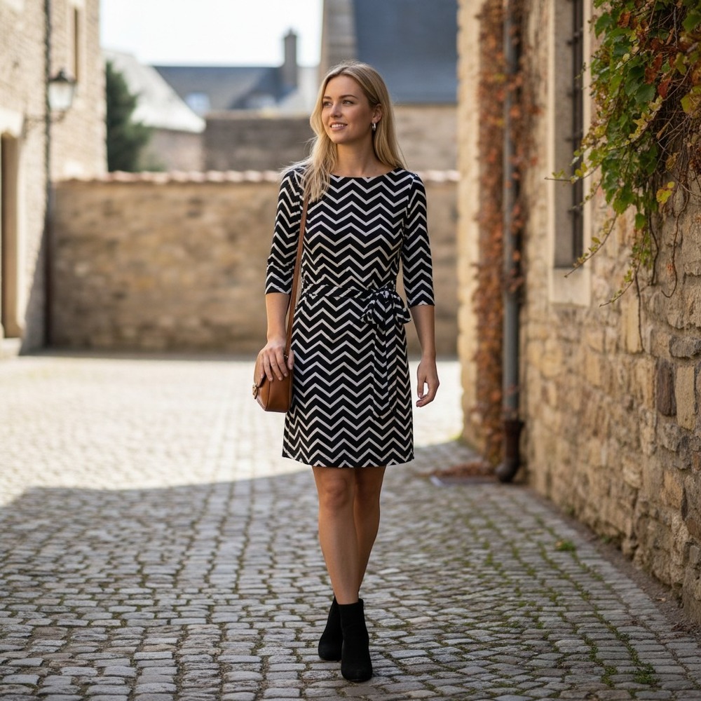 Lauren Ralph Lauren‎ Black and White Geometric Pattern Wrap Waist Dress Size 8